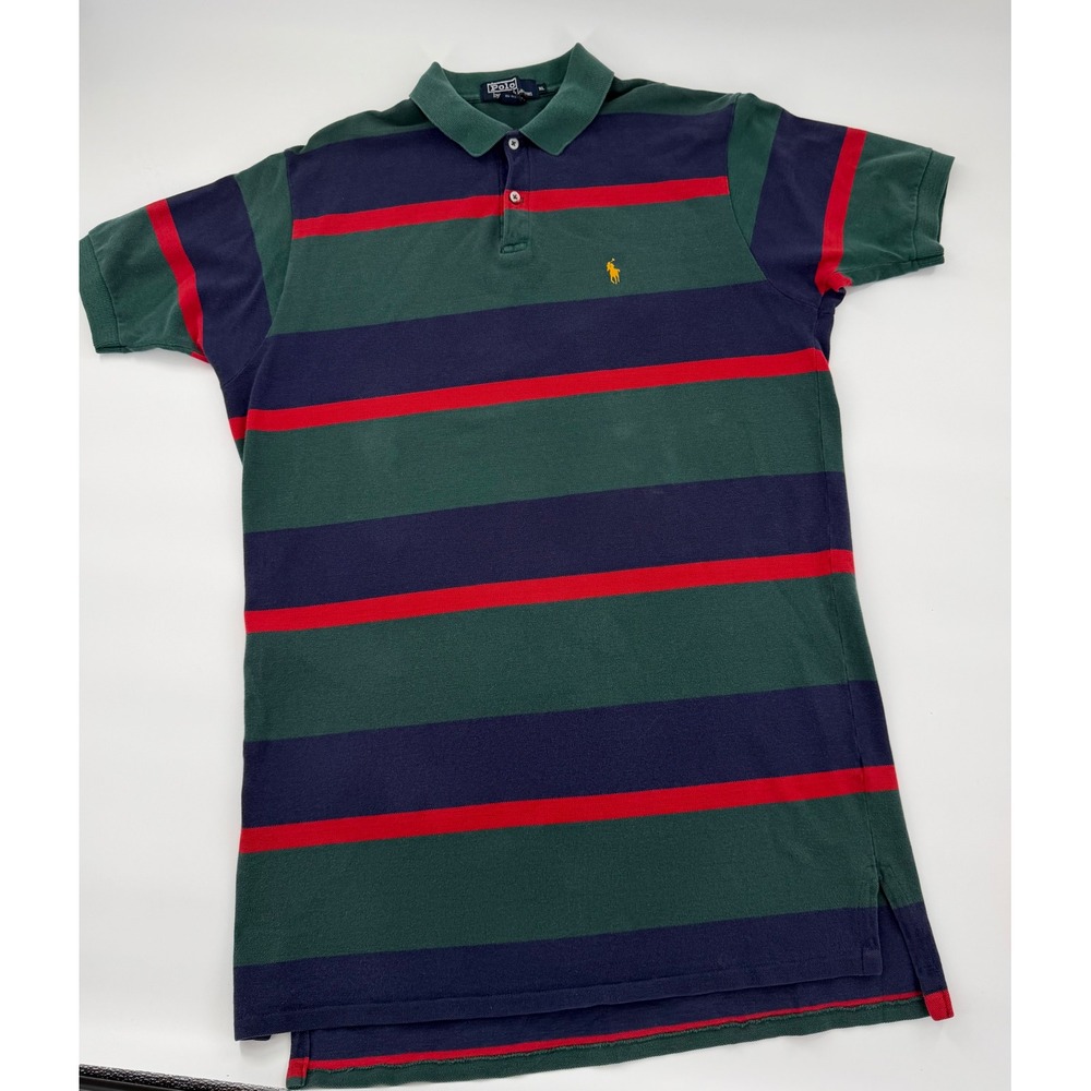 Vintage Polo Ralph Lauren Mens XL Striped Polo Shirt Green Navy Red Made in USA